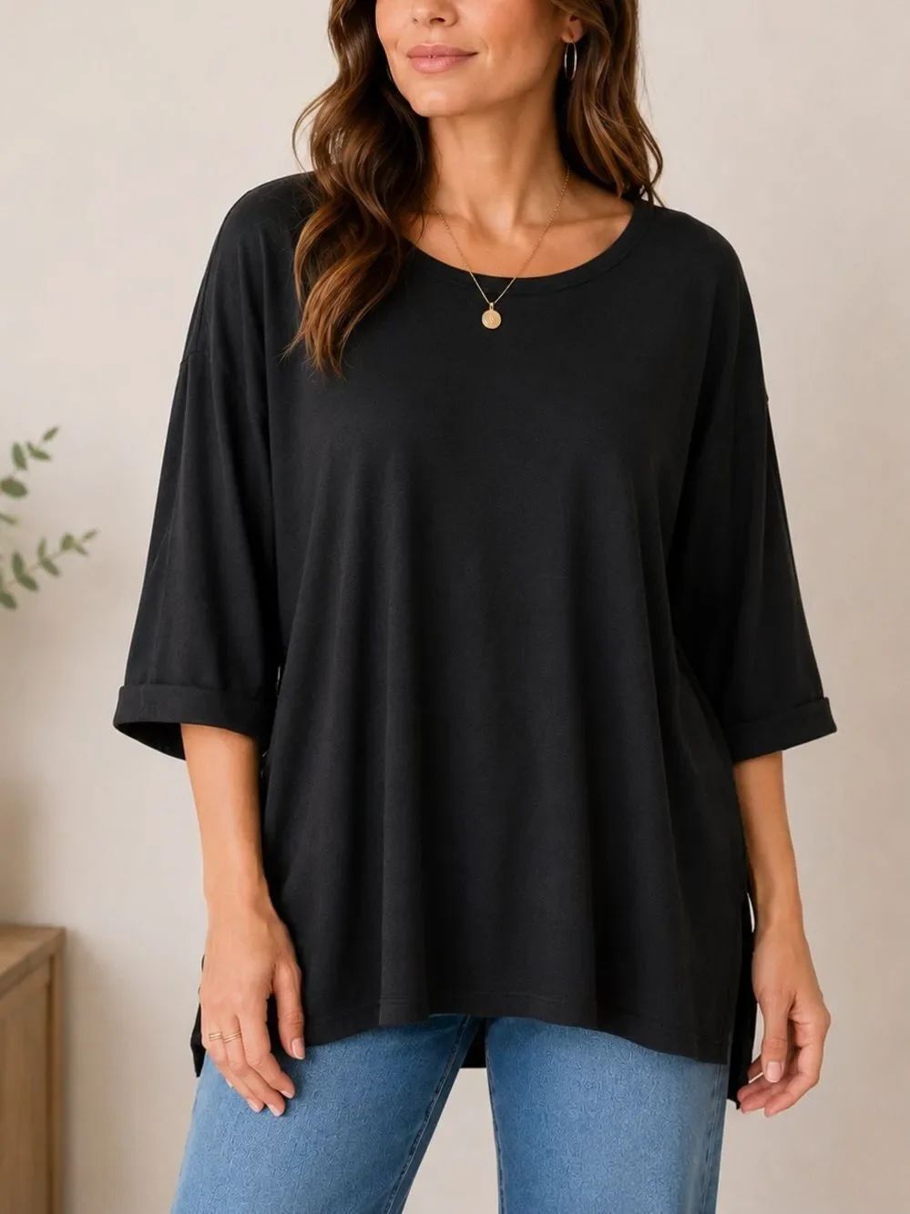 Suzy D London Black Oversized Top 3/4 Sleeve Relaxed Size XL